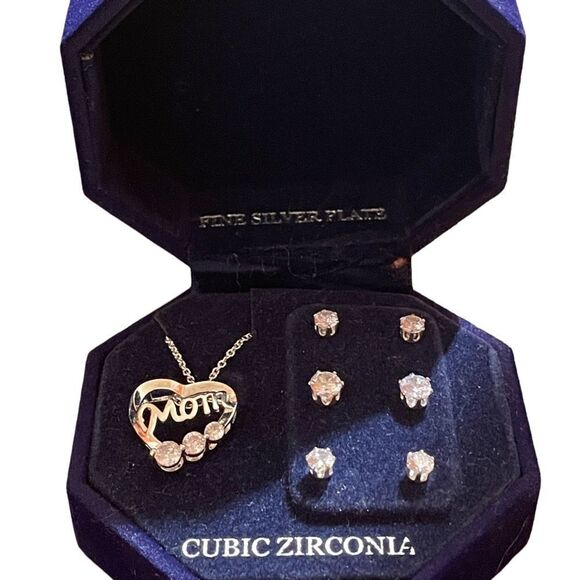 Silver Plate Cubic Zirconia Heart Necklace and Stud Earring Set - Picture 1 of 3